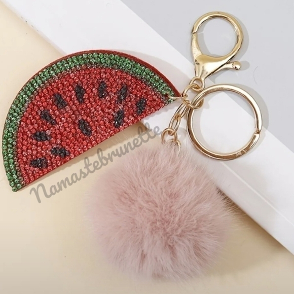 Rhinestone Watermelon Pom Pom Keychain Bag Charm - Picture 13 of 17